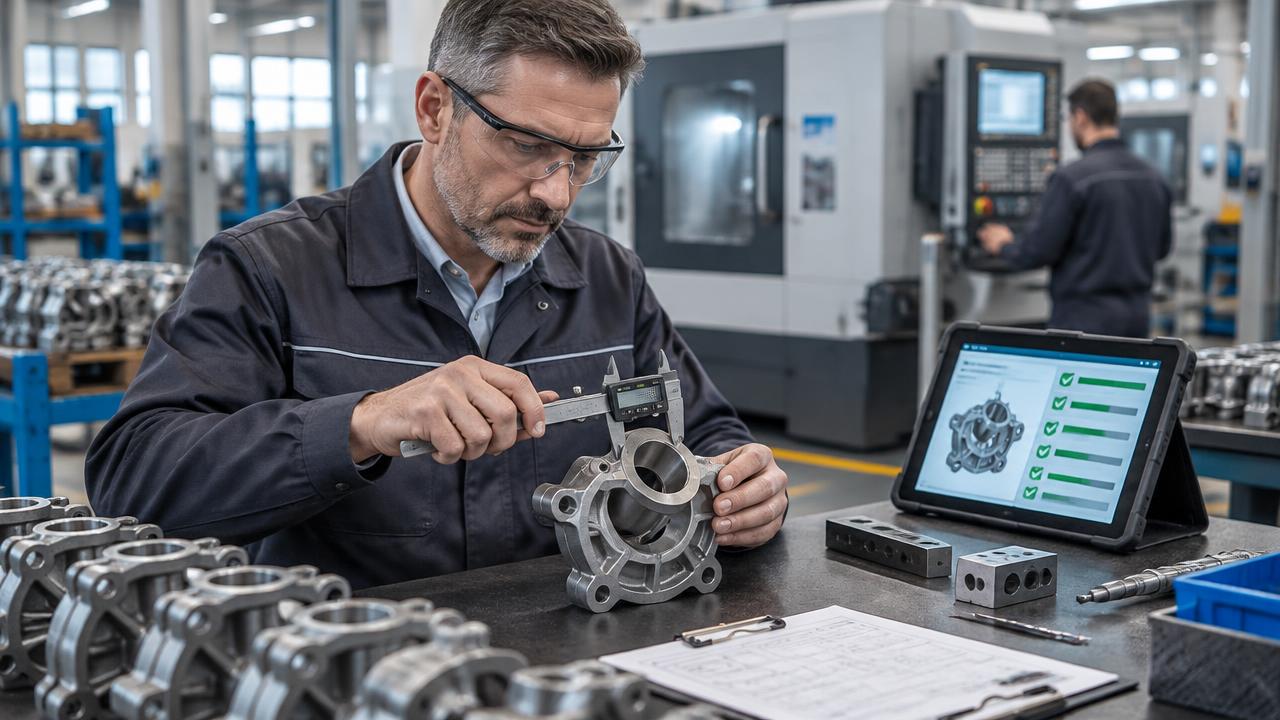 Qualitätsmanager prüft ein Präzisionsbauteil mit Messschieber und Tablet