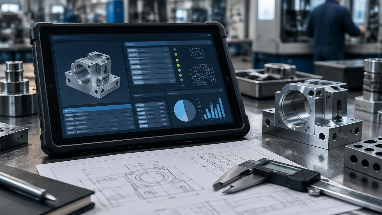 Tablet mit digitaler Kalkulationsansicht auf einem Fertigungsarbeitsplatz